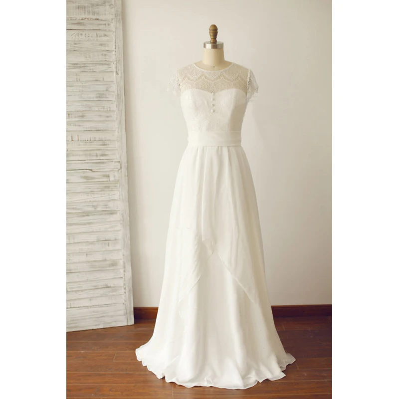 

Ivory Lace Chiffon Wedding Dresses Cap Sleeves Side Zipper Sweep Train Bridal Gowns