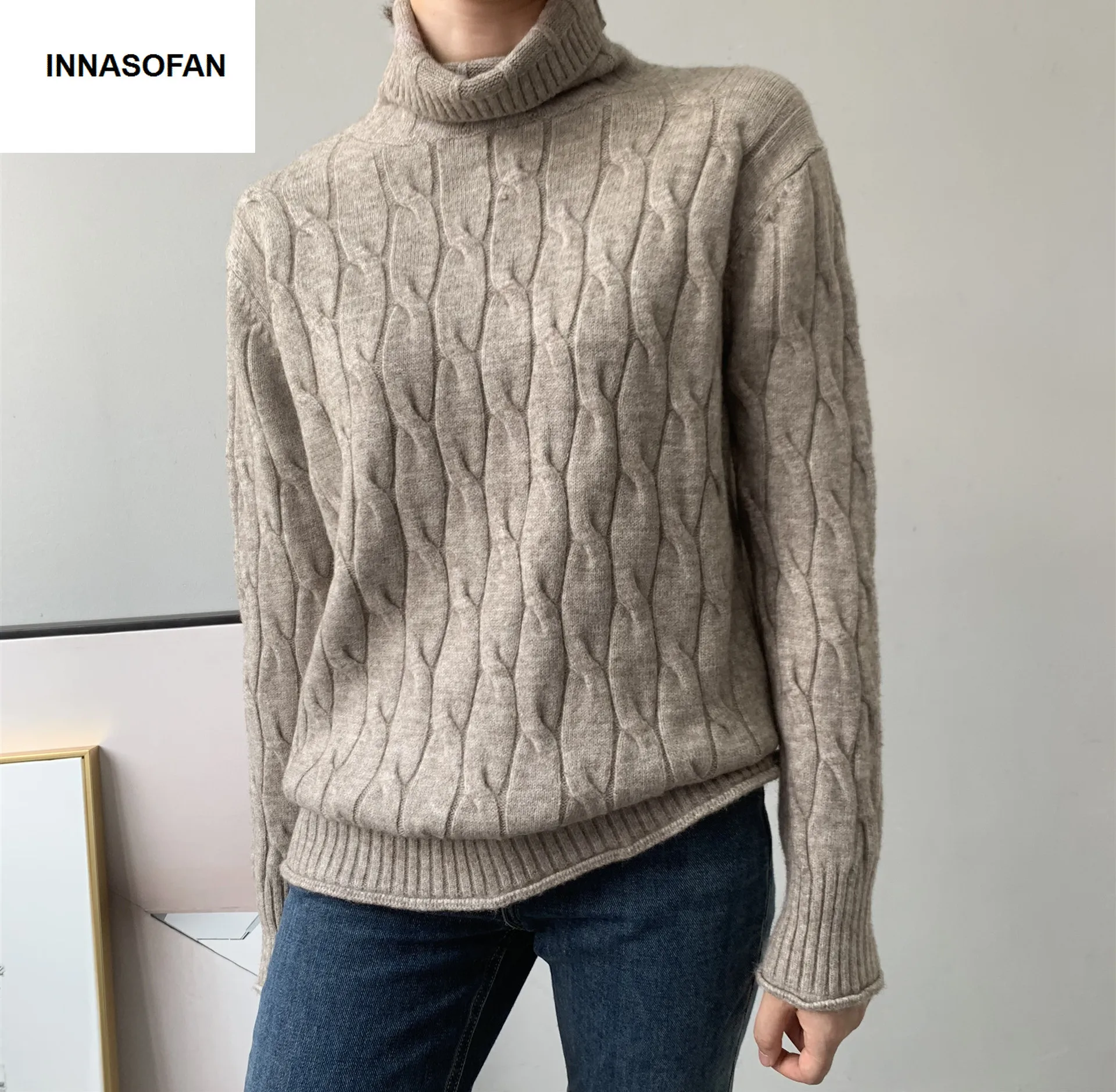 INNASOFAN, теплый вязаный свитер для женщин, осень, весна, свитер с длинными рукавами, евро-американская мода, шикарный свитер с высоким воротником, однотонный цвет