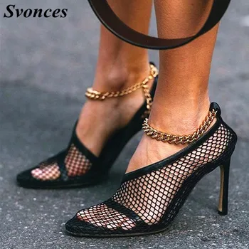 

Chain Ankle Strap Leather Pumps Women Black Mesh Caged Pumps High Heels Sexy Shoes for Women Heels 8cm Dress Shoes Summer