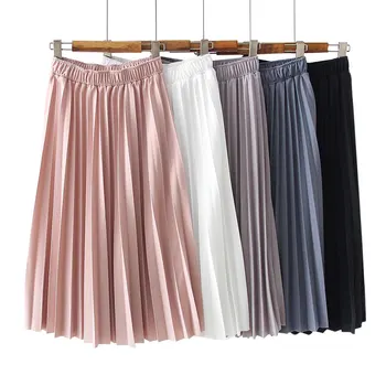 

2020 Spring Summer Women High Waist Skirt Solid Color Pleated Skirt Women Causal Midi Skirts
