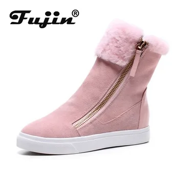 

fujin snow boots genuine leather high quality plush warm fur shoes platform booties for women winter boots ankle warm shoes