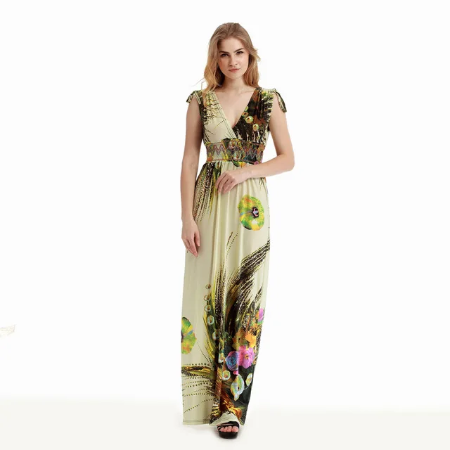 Цвет: желтый Women Summer Vintage Vintage ukraine Boho Beach Clothing Ladies Bohemian Print Maxi Long Dress Plus Size 6XL Vestido - Цвет: Цвет: желтый