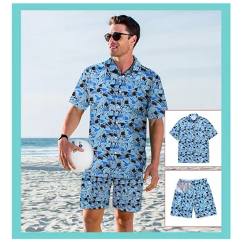 

Double Layer Men's Clothing Fast Dry Summer Blue Beach Pants Suit Shark Print Hawaiian Shirts Vacation Casual Shirt 2 Piece Sets