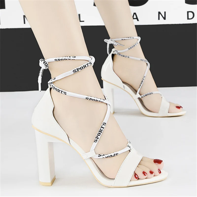 2019 Women Luxury Summer 9cm High Heels Cross Tied Prom Block white Chunky Sandals Lady Open Toe Pumps Fetish Party Shoes | Обувь
