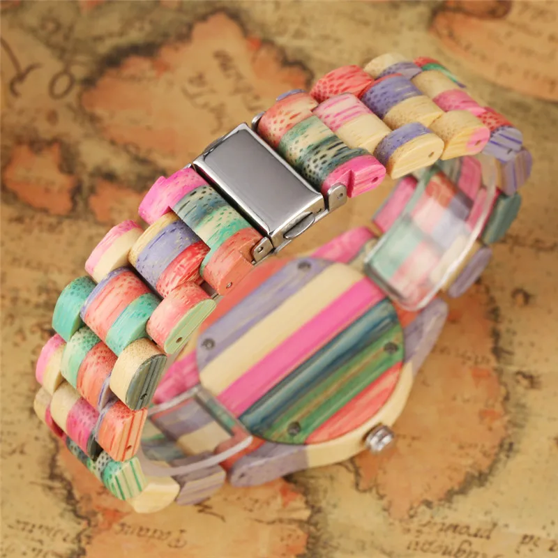 Colorful Natural Wood Women's Bamboo Wristwatch Lady Quartz Analog Watches Full Wooden Bracelet Clock Luminous Hands reloj