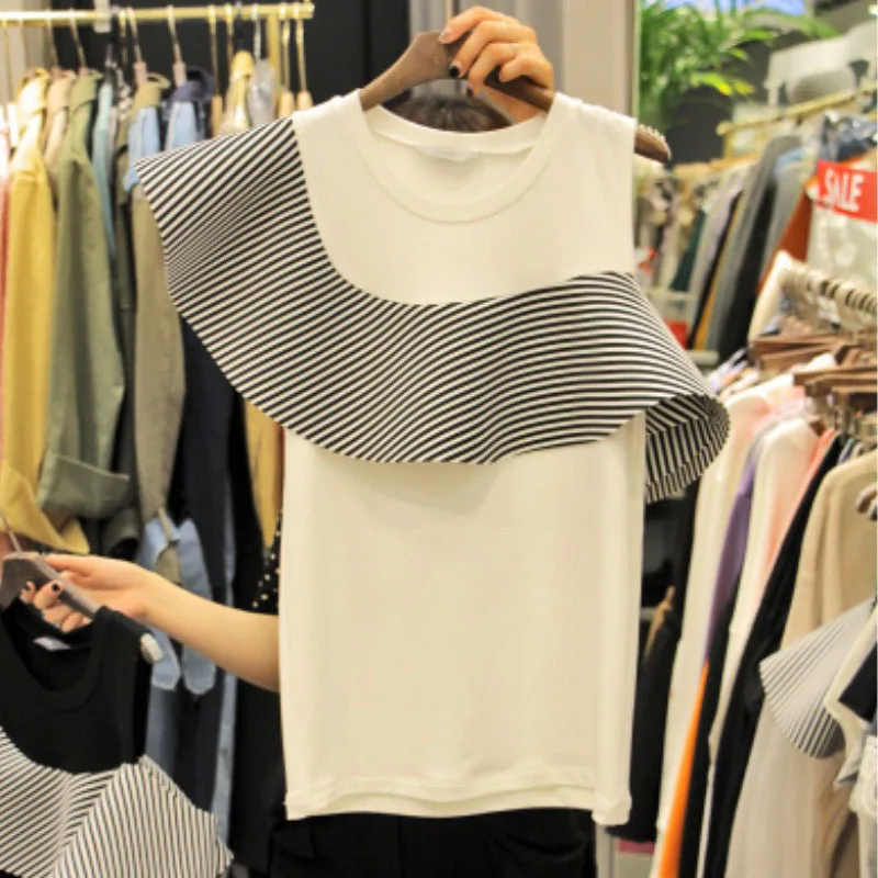 

2019 summer women's ruffled shoulders irregular round neck T-shirt Korean fashion slim off-the-shoulder stitching wild T-shirt