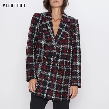 

Autumn Winter Vintage Plaid Tweed Long Blazer Jacket Coat Women Double Breasted Office Ladies Outwear Female Blazers Fenimino