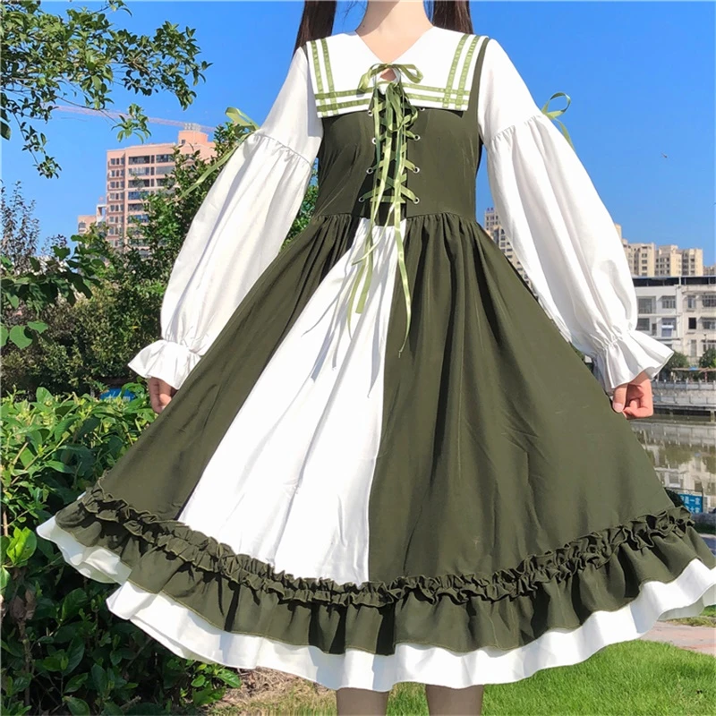 Vestido de Lolita verde para chica, prenda japonesa suave, Kawaii, con cuello de marinero, lazo cruzado, volantes, manga farol|Vestidos| AliExpress