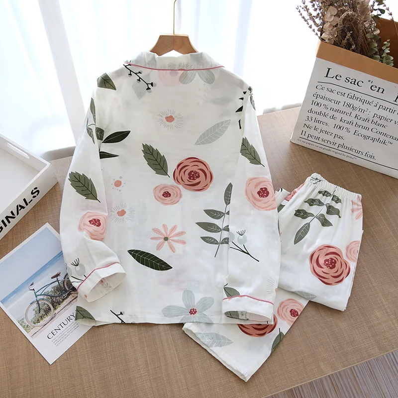 Ladies Pajamas Set 100% Gauze Cotton Cartoon Rose Printed 2Pcs Turn-down Neck Shirt+Pants