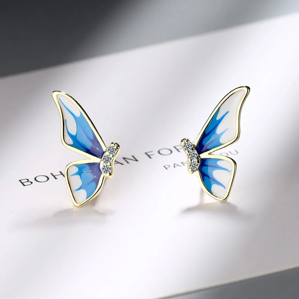 Sterling Silver & Blue Enamel Flat Butterfly Stud Earrings |  Jewellerybox.co.uk