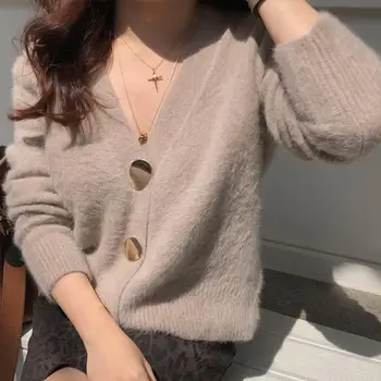 

Button Single-Breasted Short Loose Wool Women'S Cardigan Sweater 2020 Autumn Winter V-Neck Knitted Warm Women Jacket Tops