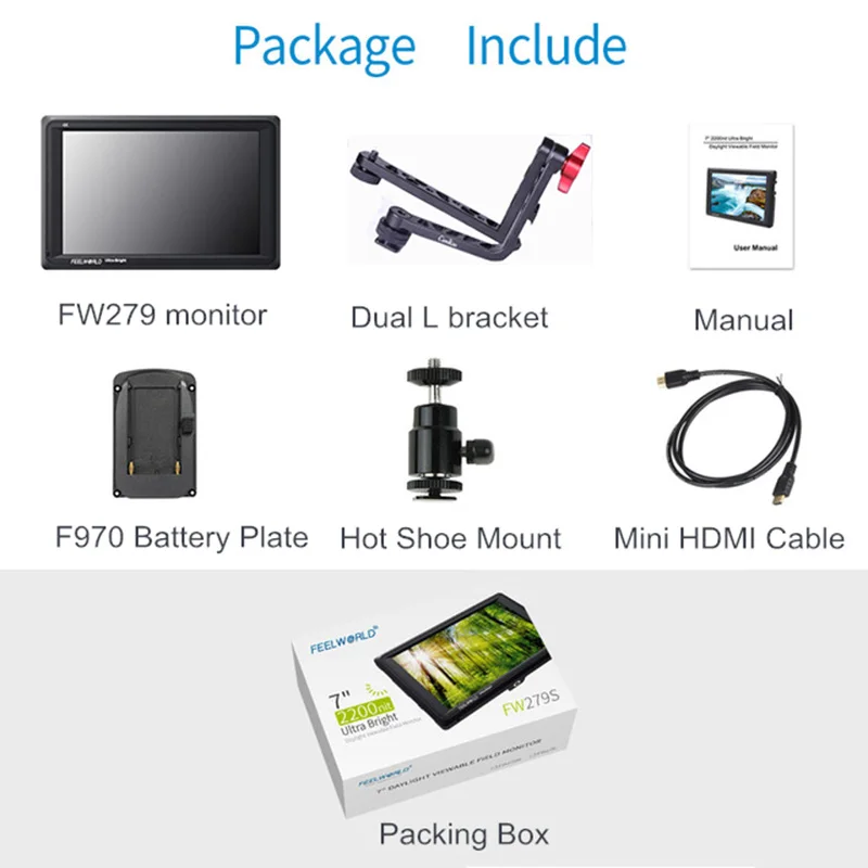 Add Dual L Bracket Feelworld FW279 7 дюймов ips 2200 нит камера полевой монитор 4K HDMI вход выход 1920X1200 ЖК-монитор для DSLR Stablizer - Цвет: Add Dual L Bracket