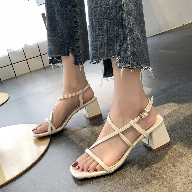 

Korean-style Retro Thin Drawstring Fairy New Style Shoes INS Fashion 2019 Fashion Woman Sexy Summer Chunky-Heel Chunky-Heel Faux