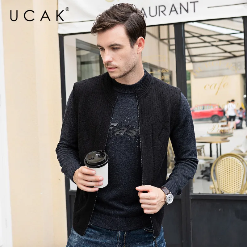 Мужской жилет из мериносовой шерсти UCAK повседневный теплый свитер в полоску на