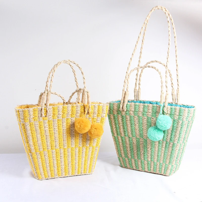 

Hand-woven Bag Women's New Korean Version Of Wool Ball Straw Bag Seaside Vacation Beach Hand Totes Shoulder Bag