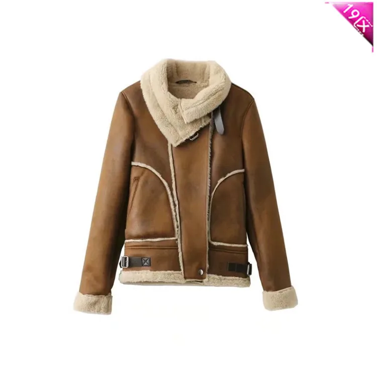 Brown Jacket Spanish Fur One-piece Cut Stitching Buckle with Decorative Suede Fur Warm Camel Coat Zipper