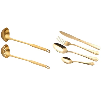 

1Set Gold Stainless Steel Cutlery Set Teaspoon Dinner Fork Knife & 2 Pieces Gold Metal Soup Ladle Colander Set