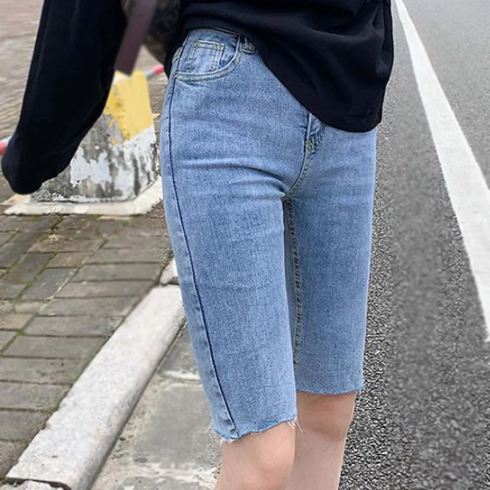 Knee Length Skinny Denim Shorts 