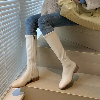 

MLJUESE 2021women knee-high boots stretch fabric winter short plush black color round toe low heels female high boots size 40