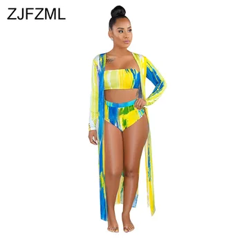 

Rainbow Tie Dye Swimwear 3 Piece Set Women Strapless Backless Crop Top + Bodycon Shorts + Full Sleeve Long Jacket Beach Outfits