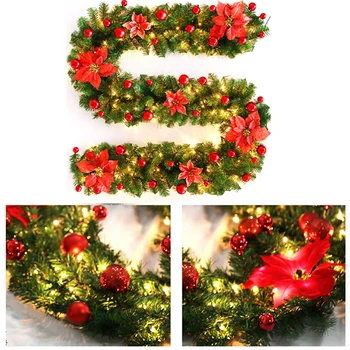 

2.7m/9ft Xmas Garland with LED String Lights Christmas Tree Ornaments Decorations Christmas Artificial Garland Wreath