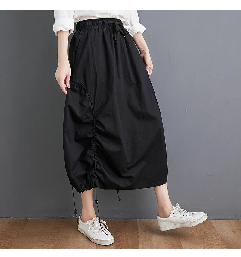 Oladivi Oversized Women Midi Skirt Fashion Ladies Summer Autumn Casual Loose Elastic Waist Drawstring Pocket Skirt Black 3XL 2XL capri jeans for women