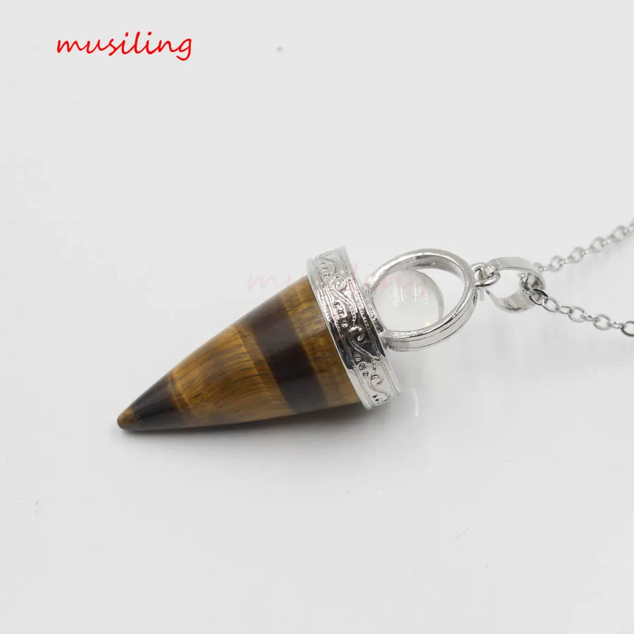 Tigers Eye Конический маятник Натуральный Камень Кристаллы аметиста Кварц Подвески рейки покрытые серебром Подвески модные ювелирные изделия - Окраска металла: Tigers Eye