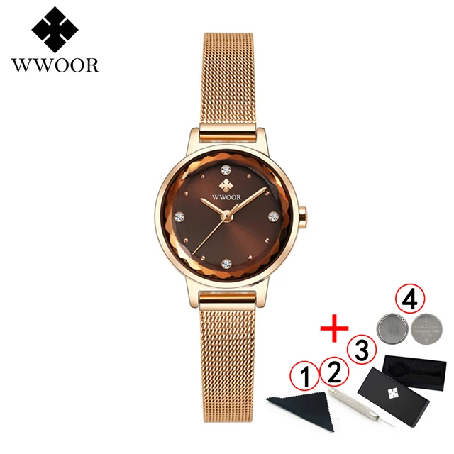 Reloj WWOOR Mujer женские часы Известные Роскошные бренды браслет из нержавеющей стали часы для женщин кварцевые женские часы - Цвет: rose brown box