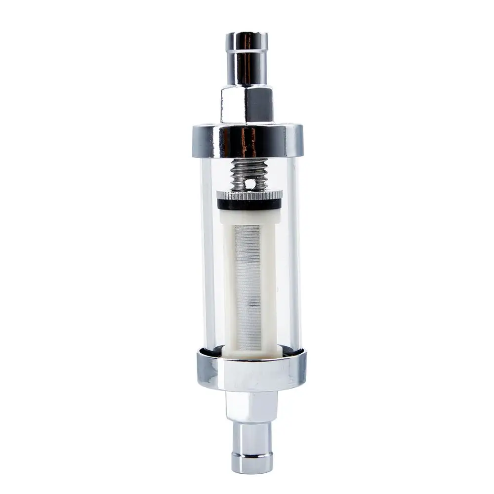 

UNIVERSAL 3/8 INCH CLEAR GLASS INLINE FUEL FILTER IN & OUT CHROME PLATED HOSE