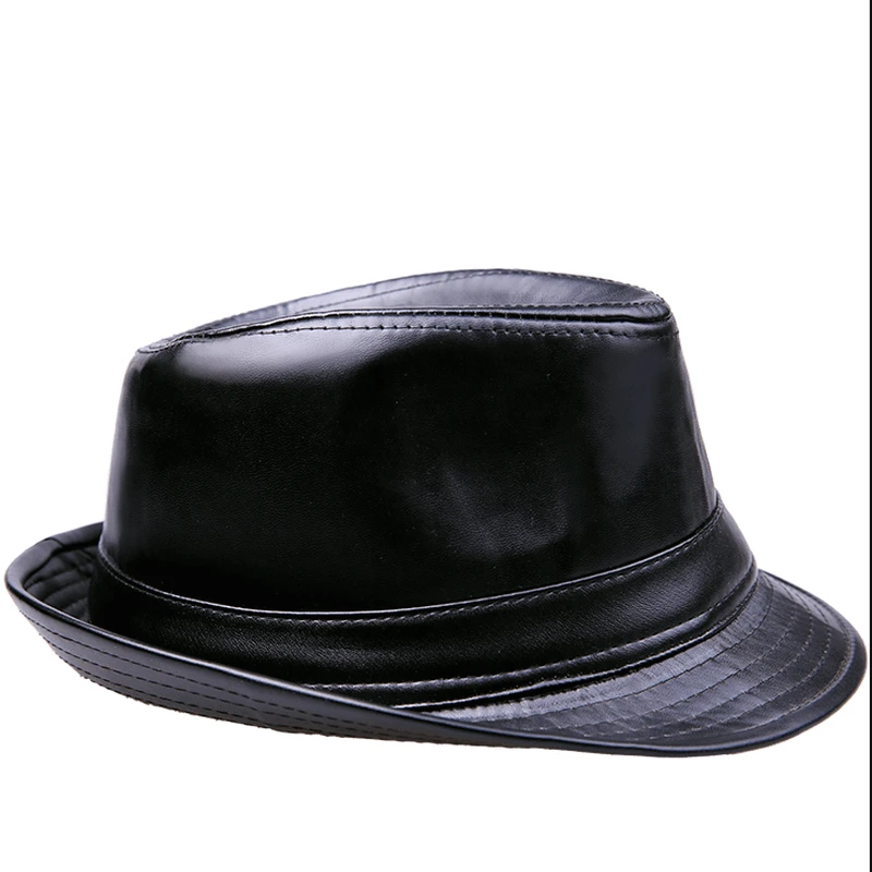Leather Fedora Hat Retro Jazz Hat Cowboy Gentleman Bowler Hat Short Brim Floppy Trilby Panama Hat Hip Hop Black Hat Men's Women 2