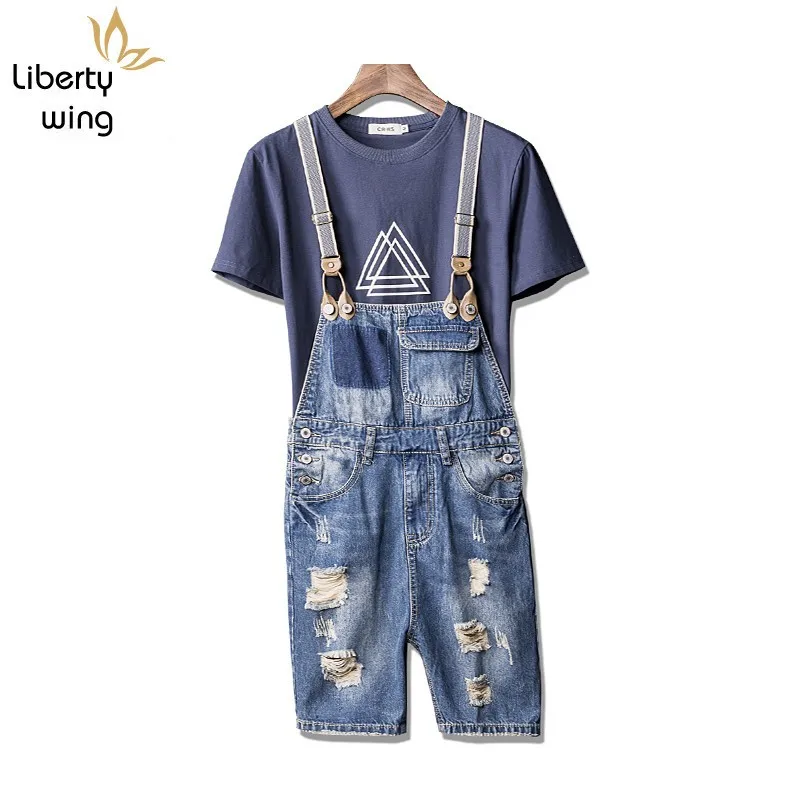 

Boys Summer Casual Knee Length Jumpsuits Hole Ripped Jeans Zipper Mens Shorts Streetwear Washed Denim Suspenders