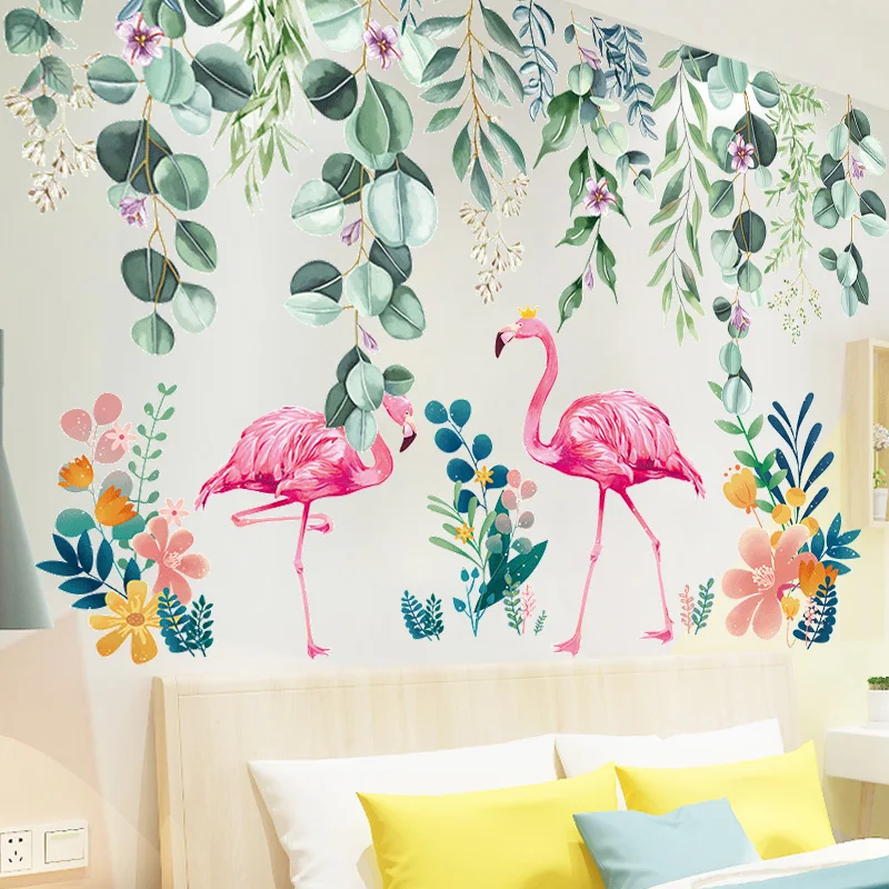

[shijuekongjian] Flamingo Animal Wall Stickers DIY Plant Leaves Mural Decals for Living Room Kids Bedroom Nursery Decoration