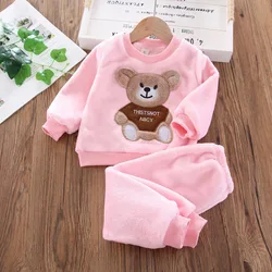 Cozy Winter Kids Flannel Fleece Sleepwear Set - Cartoon Bear Pajamas - 4T(Size 110) (Pink)