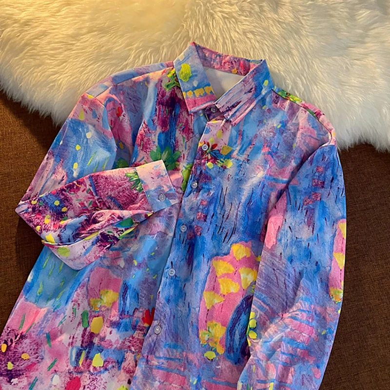 

Women Casual Loose Shirts Ladies Autumn Harajuku Korean Long Sleeves Turn-Down Collar Printed Colorful Shirt Blouse Streetwear