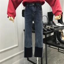 Флисовые женские джинсы осенние и зимние индивидуальные цветные брюки повседневные прямые джинсовые брюки Студенческие Брюки