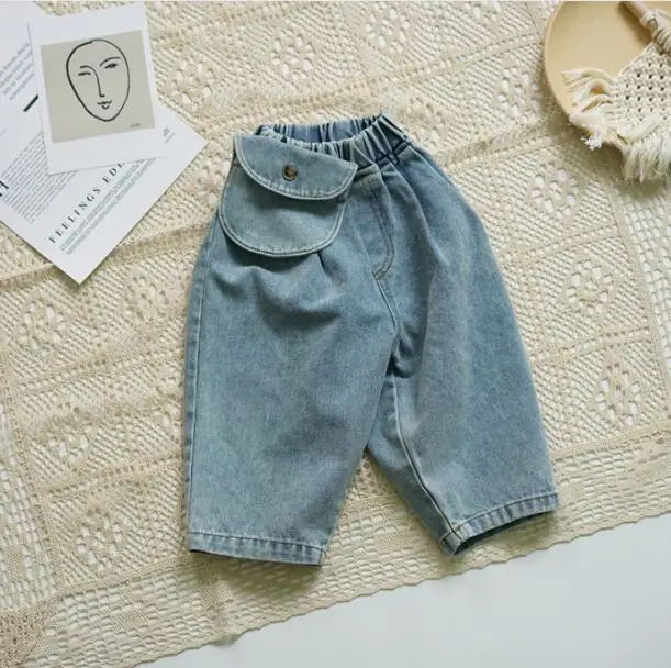 Новое поступление, джинсовые штаны с карманами для мальчиков и девочек, весенние модные детские джинсовые штаны, От 2 до 7 лет