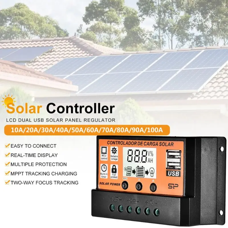 

MPPT 10A/20A/30A/40A/50A/60A/70A/80A/90A/100A Auto LCD Screen Solar Charge Controller Dual USB Solar Panel Regulator