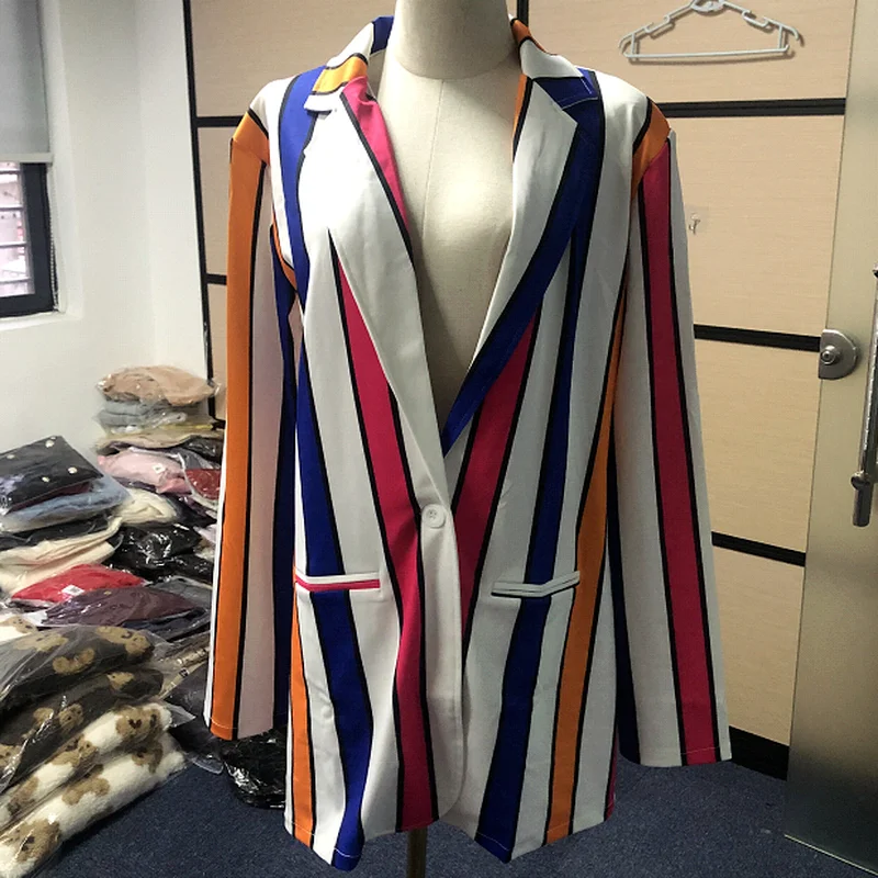 Blazers Women Fashion Street Multicolor Striped 2023 Spring Autumn New Mid Length Oversize Streetwear Single Button Blazer Suit