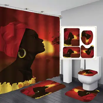

African woman Print Shower Curtain 4 Piece Carpet Cover Toilet Cover Bath Mat Pad Set Bathroom Curtain with 12 Hooks