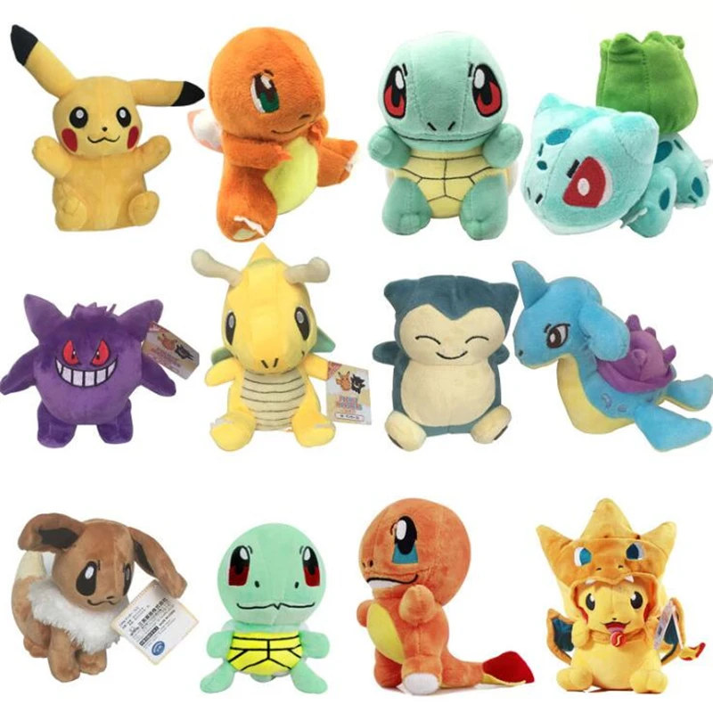 12Pcs/Set 15-22cm Pocket Center Plush Toys Gengar Snorlax Pikachu Charmander Squirtle Bulbasaur Jigglypuff Dragonite Soft Dolls