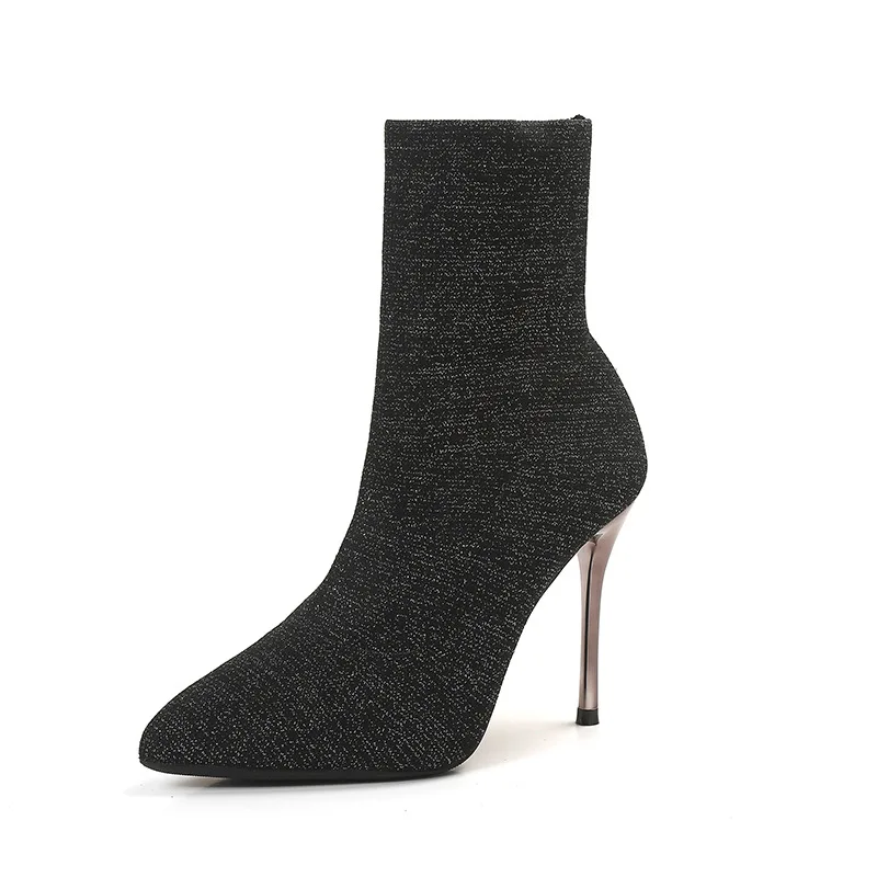 

D105-13, 105-13 Thin Boots Women's Autumn 2019 New Style Flashing Shoes Thin Heeled High Heel Pointed Elasticity Short Boots