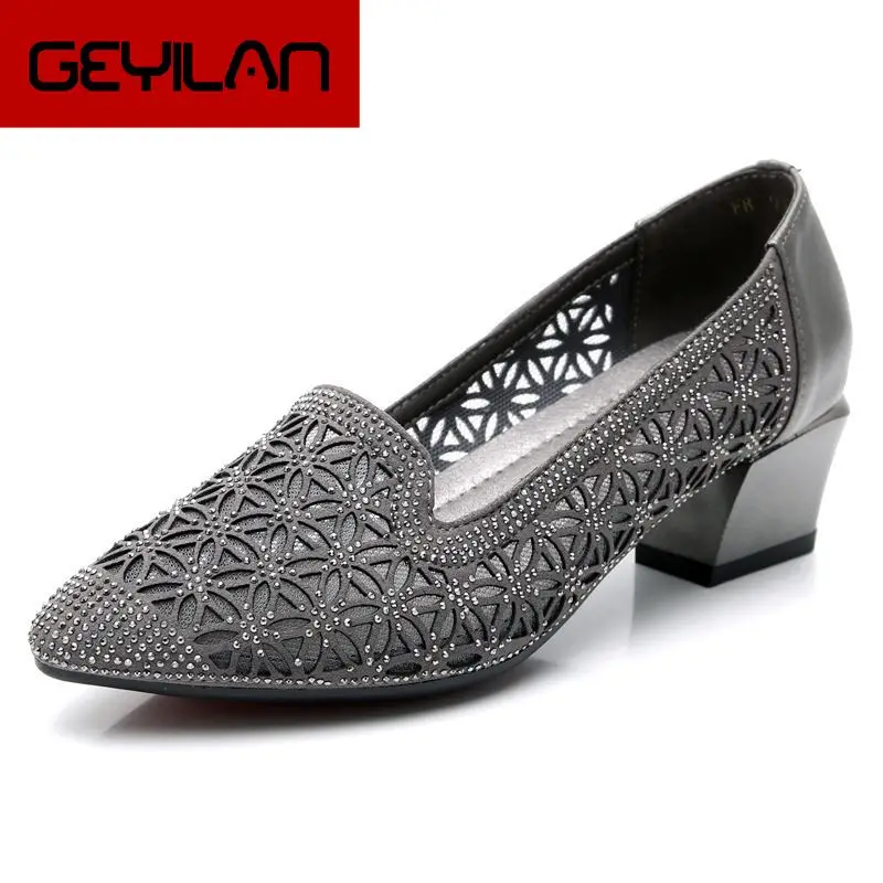 

GKTINOO 2020 Rhinestone Med Heels Women shoes Soft Genuine Leather Female Shoes Women Slip On Footwear Square Heel Ladies Shoes