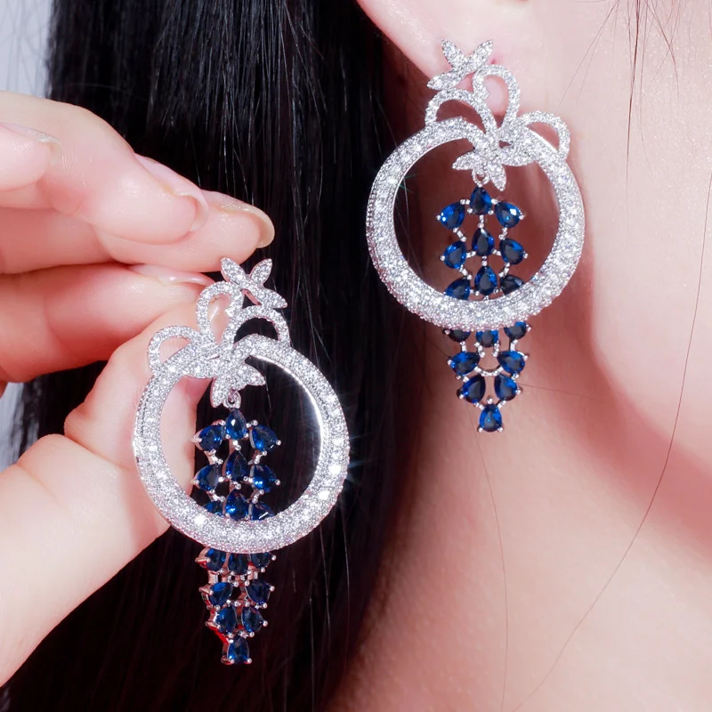 

CWWZircons Geometric Round Dangle Drop Long Royal Blue Earrings Luxury Women CZ Crystal Wedding Evening Party Jewelry CZ618