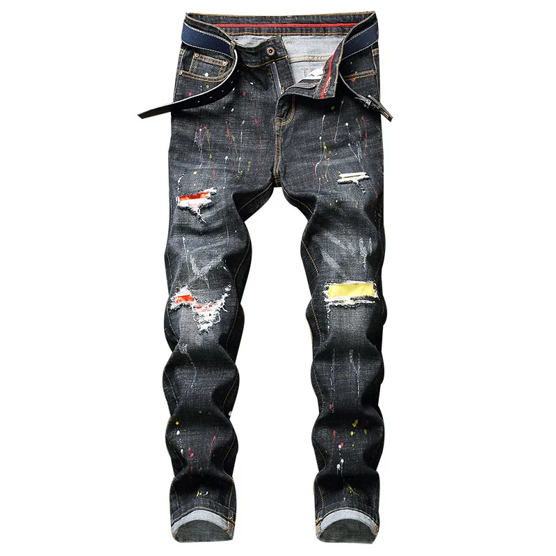 

2021 New Design Pantalones Hombre Streetwear Elastic Pants Skinny Ripped Jeans Men