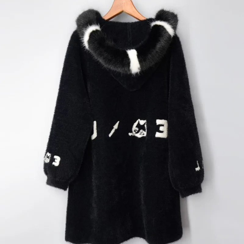 #4308 Winter Mohair Coat Women Loose Casual Knitted Sweater Coat Hooded Ladies Letters Thick Warm Long Cardigan Female Harajuku