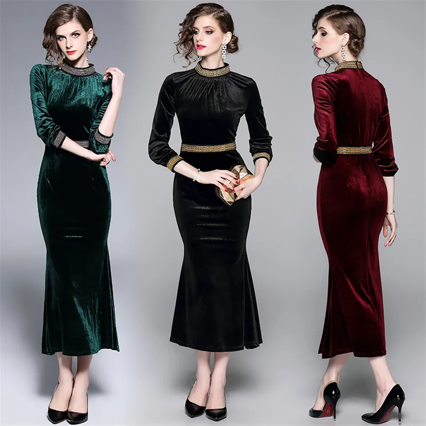 

2019 Spring Winter Dresses Women Long Sleeve Vintage Velvet Dress Runway Sexy Evening Party Dresses Bodycon Robe Femme Vestidos