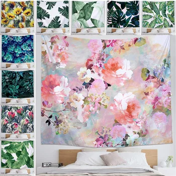 

Pink rose tapestry Wall Hanging Summer Green Plant tapestry Blankets Fabric Decor Yoga Mat Carpet Bedroom Rug