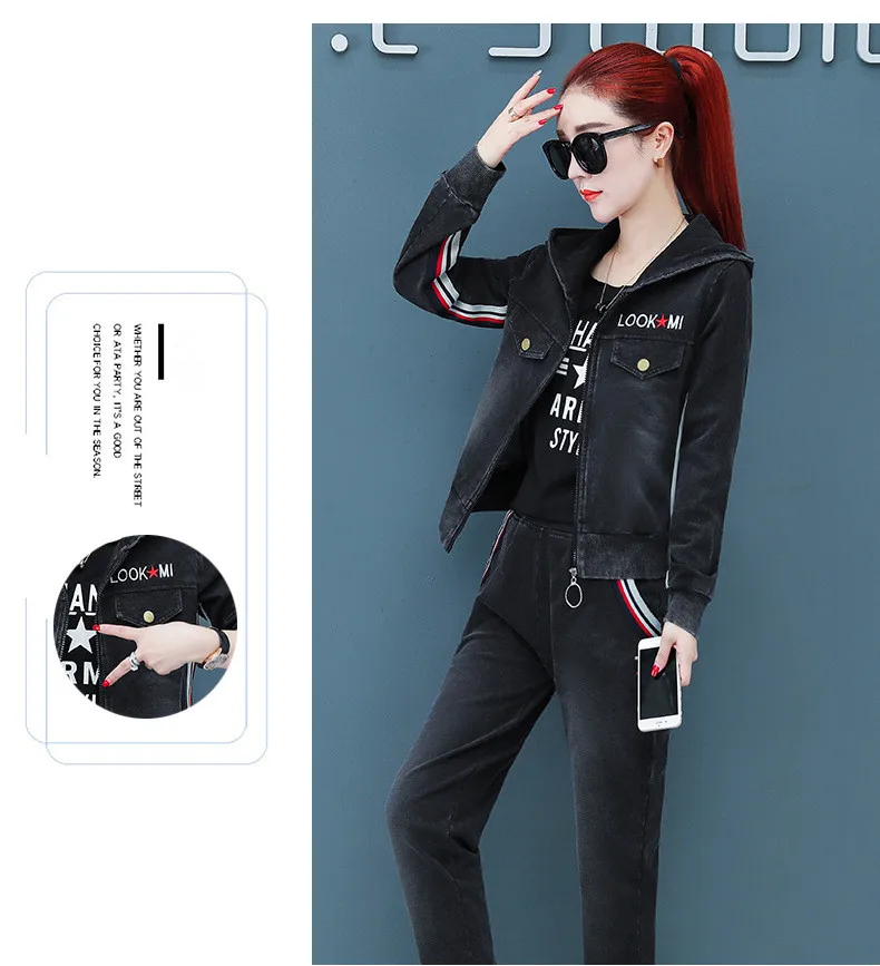 Джинсовый комплект из двух предметов; Спортивный костюм для женщин; Vetement Femme; коллекция года; Conjunto Feminino; джинсы; куртка с капюшоном и брюки; уличная одежда; Подходящие комплекты - Цвет: Черный