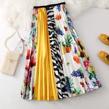 Мультяшная длинная Плиссированная юбка для женщин, европейский стиль, юбка с высокой талией, весна-лето, высокая уличная юбка средней длины, эластичная талия, трапециевидная