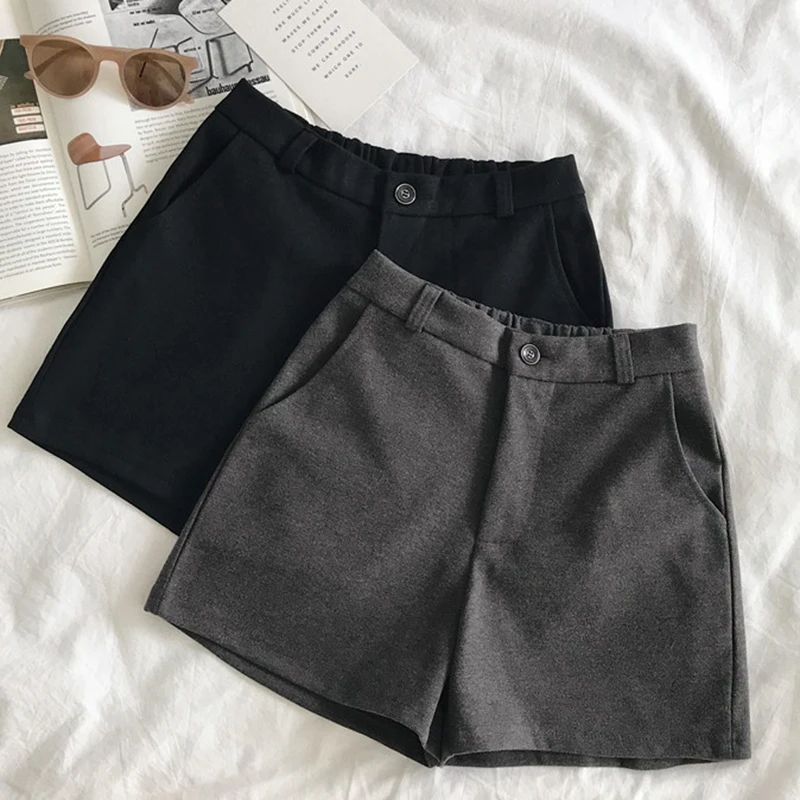 

2021 New Casual Elegant Plus Size Shorts Elastic High Waist Women's Woolen Shorts Autumn Winter Slim Wide Leg A-line Shorts